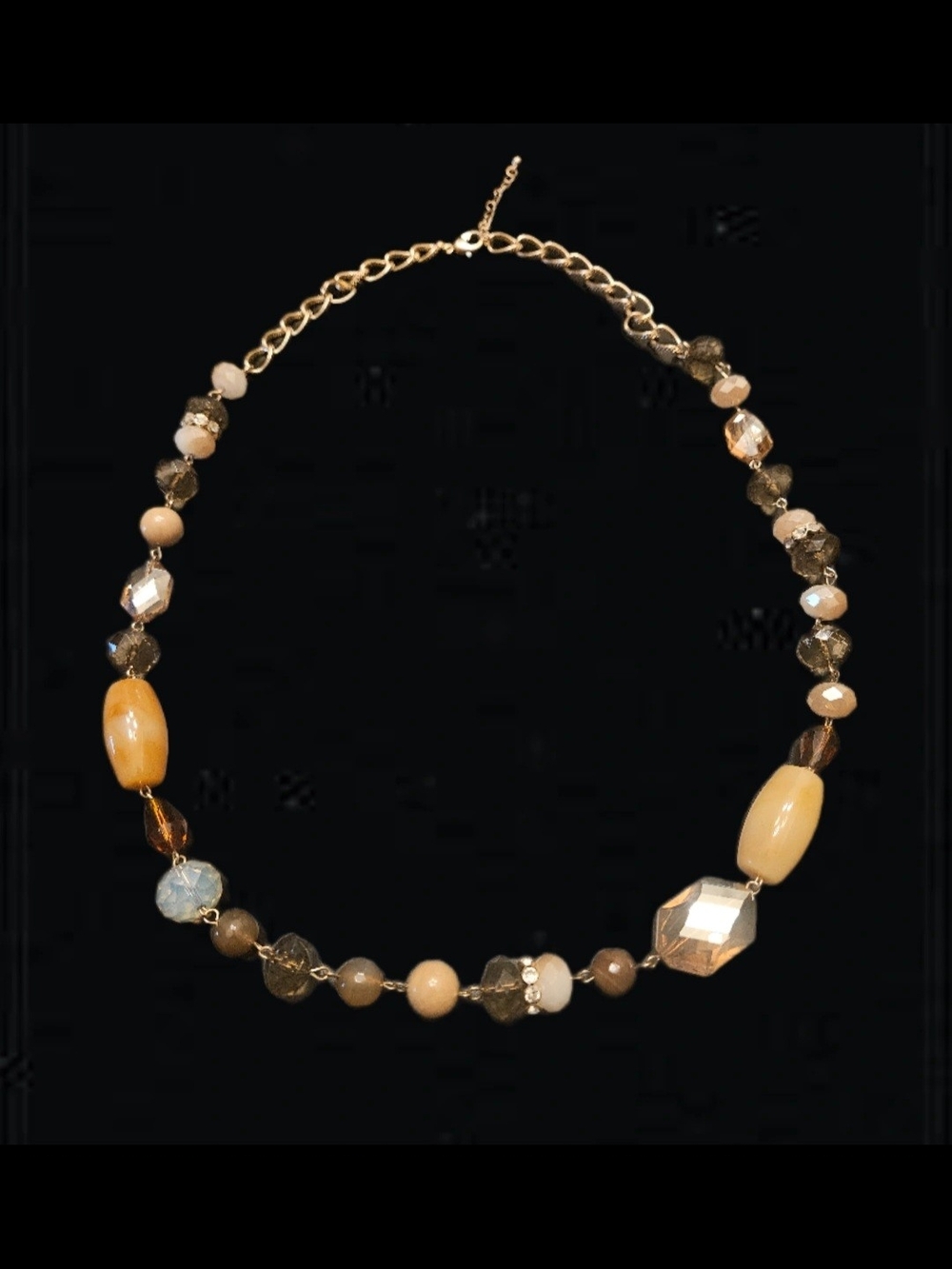 Vintage Earth Tone Beaded Statement Necklace Gold Tone 28" Matinee Length